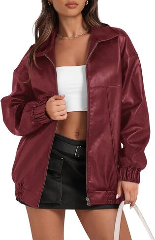 Yousify Womens Leather Jacket Oversized Faux Casual Zip Up Bomber Motorcycle Jackect Trendy Fall Winter Clothes S-XXL in Kuwait