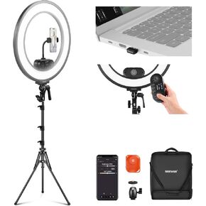 NEEWER 18 بوصة RGB LED Ring Light التحكم في التطبيق مع حامل وحامل هاتف، 42W Dimmable 2500K-10000K GM±50 Bi Color CRI97+/TLCI98+ 360° كامل اللون 18 مشهد لمكياج السيلفي TikTok Vlog، RGB18 II