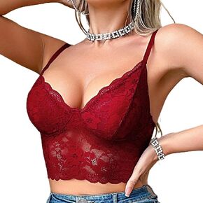 Lace Bralettes for Women Sexy Scalloped Trim Bra No Underwire Adjustable Padded Bra Deep V Neck Bralette
