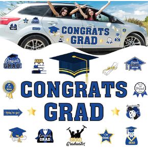 28Pcs Graduation Car Decorations Magnets 6 Inch Congrats Grad Cap Refrigerator Stickers Automotive Garage Cruise Door Magnetic Decals for Car Mailbox Metal Cabinet Decor (Blue, Gold)