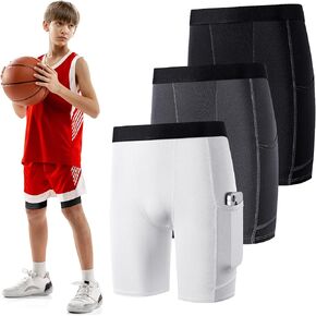 Handepo 3 Pack Youth Boys Compression Shorts with Side Pockets Performance Base Layers Athletic Underwear Workout for Kids