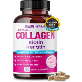 VITAL HERBAL Liposomal Collagen with Biotin, Keratin- Maximum Potency- Support Skin Wellness, Hair, Nail, Joints - Made in The USA
