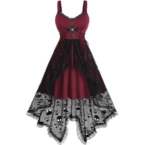 Rosegal Women Plus Size Gothic Lace-up PU Cross Skulls Lace Panel Asymmetrical High Low Midi Dress Rivets Straps Punk Dress