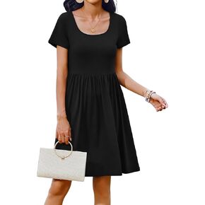 Zeagoo Womens Casual Dress Floral Patchwork Summer Dress Square Neck Short Sleeve A Line Flowy Swing Mini Dress with Pockets