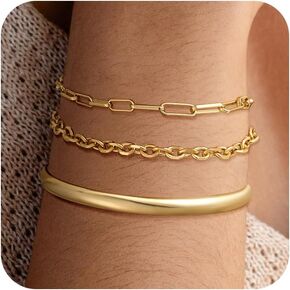 Gold Bracelets for Women Trendy,Stackable 14k Gold Plated Bangle Bracelets Set Waterproof Cuban Link Diamond Beaded Chain Paperclip Chain Bracelets Simple Fashion Jewelry Gifts for Women