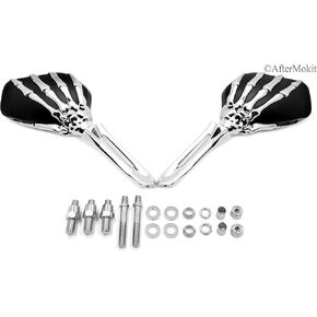 Replacement Coffin Side Mirrors for Ducati Honda Kawasaki Suzuki Victory Yamaha with M10x1.25 Single Mounting Hole Chrome Arm Bone Stem and Skeleton Claw on Black Rear View Mirror Assembly