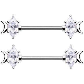 Pierced Owl 14GA Stainless Steel CZ Crystal Marquise and Crescent Moon Nipple Barbells, Sold as a Pair