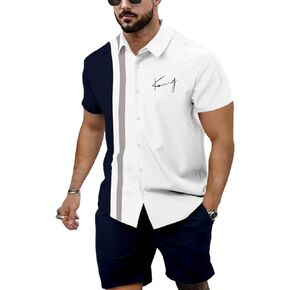 SOLY HUX Men's Short Sets Color Block Letter Print 2 Piece Outfits Button Down Short Sleeve Shirt and Shorts Set