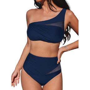 CUPSHE Women's Bikini Sets One Shoulder Two Piece Swimsuit High Waisted Asymmetrical Neck Ruched Cutout Mesh