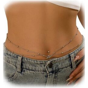Summer Beach Crystal Bead Dangle Belly Button Ring with Waist Chain Rhinestone Piercing Navel Belly Chain Sexy Bikini Multi-layer Belly Body Chain Jewelry for Women