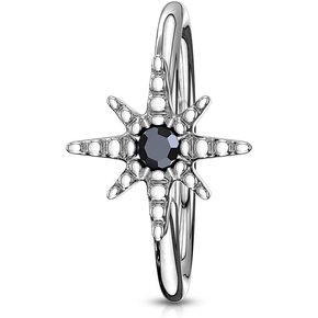 Pierced Owl Black CZ Crystal Centered Starburst Bendable Annealed Nose/Cartilage Ring