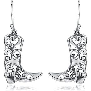 Sterling Silver Cowgirl Boot Earrings: Women Dangle Boot Earrings Country Western Style Jewelry Gifts for Cowgirl