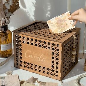 OurWarm Wooden Wedding Card Box with Slot, Vintage Gift Card Box for Party Reception, Hollow Rattan Pattern Rustic Envelope Money Card Box for Wedding Graduation Party Birthday Baby Shower Decor