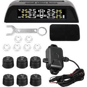 X AUTOHAUX RV Tire Pressure Monitoring System TPMS Wireless Solar Charger 5 Alarm Modes LCD Real Time Display with 6 External Sensors Temperature Pressure for RV Trailer Truck
