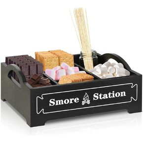 Farmhouse S'Mores Station, Wood Smores Caddy Holder With Handle, Outdoor Smores Bar Accessories Organizer, Smores Supplies Container With 30 Smores Sticks, Smores Maker Box for Smores Kit Camping