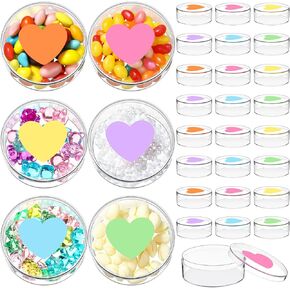 Marsui 24 Pcs 3.7 oz Valentine's Day Candy Boxes Plastic Treat Box with Heart Print Lid Clear Round Box Valentines Day Basket Stuffer for Cookie Candy Valentine Party Favor Soft Clay (Warm Color)