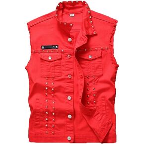 Lazutom Men's Punk Denim Vest Sleeveless Lapel Jean Jackets Waistcoat with Rivets