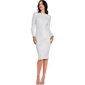 Dress the Population Women's Emery Sequin, Knee-Length, Bodycon, Scoop Neck Dress, White Multi, Small
