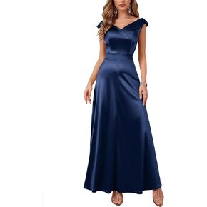 Women's Vintage 1950s V Neck Satin Cocktail Bridesmaid Floor Length Dress