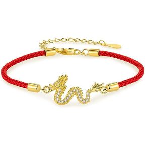 14K Gold Lucky Dragon Red String Bracelet, Chinese Zodiac Dragon Year Moissanite Bracelet, New Year Gift for Blessings and Fortune