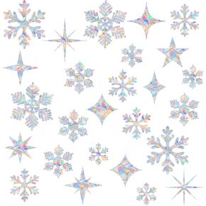 26 Pcs Snowflake and Star Window Decals for Bird Strikes - Anti-Collision Window Decals to Save Birds from Window Collisions,Non Adhesive Reusable Vinyl Rainbow Christmas Winter Window Stickers