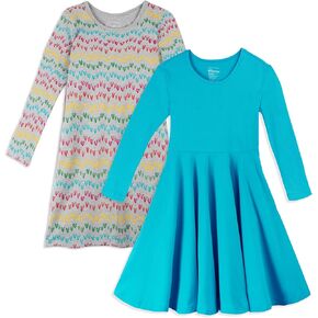 Mightly Girls' Basic Long Sleeve Dresses Pack of 2 | 95% Organic Cotton, Colorful Stylish Dress, Ideal for School, and Birthday Parties, for Toddlers and Kids, Fair Trade Certified, Rainbow Hearts, 3T