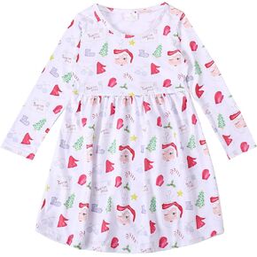 Christmas Toddler Girls Dress Santa Claus Snowman Print Dresses Red Long Sleeve 2-8Y