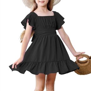 فستان للفتيات من American Trends فستان مكشكش برباط خلفي وأكمام قصيرة ورقبة مربعة بدون أكتاف للفتيات من عمر 4 إلى 15 سنة in Kuwait