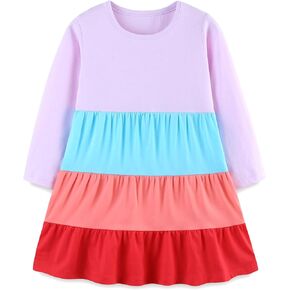 DXTON Toddler Girls Long Sleeve Winter Dress Stripe Ruffle Cotton Casual Tunic Dress Home School
