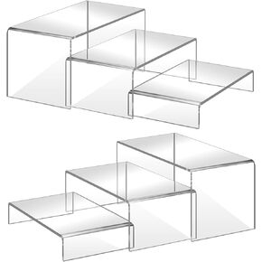 6 Pcs 2 Sets Acrylic Display Riser, 3 Sizes Large Acrylic Risers Display Stands, 0.15" Thick Clear Shelf Riser, Clear Display Risers for Dessert, Candy, Toys, Perfume, High Heels, Wallet