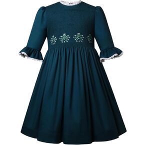 Girls Winter Christmas Red Smocked Dresses Kids Toddler Lovely Embroidery Casual Smocking Clothes