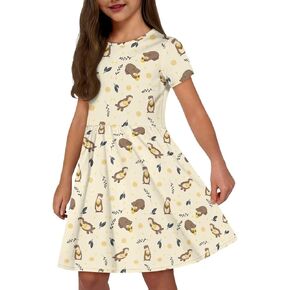 Girls' Short Sleeves Casual Summer Dresses, High Waist Swing Knee Length Long Dress, A-Line Dress for School