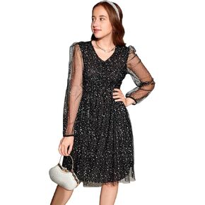 WDIRARA Girl's Sequin Mesh Splicing Bishop Sleeve V Neck Long Sleeve Party Dress