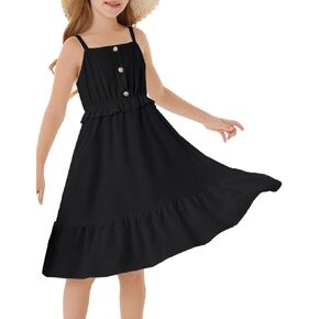 GRACE KARIN Girls Summer Sundress with Pockets Boho Spaghetti Strap Solid Midi Casual Dress 6-14Y