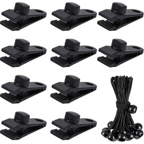 Tarp Clips Heavy Duty Lock Grip Tarp Clamps 10 Pcs Pool Awning Clamp Thumb Screw Tent Clamps with 10 Pcs Bungee Ball Cords Shade Cloth Clips Fasteners for Camping Swimming Pool Covers