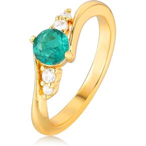 VACRONA Gold Simulated Emerald Ring for Women 14K Gold Plated CZ Emerald Teardrop Floral Minimalist Stack Finger Band Hypoallergenic Jewelry Size 6-8