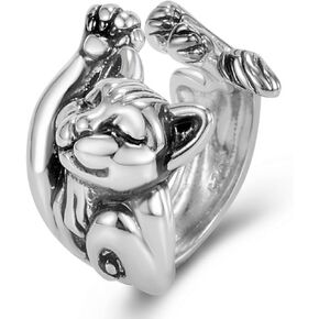 Cat Rings for Women Sterling Silver Adjustable Animal Ring Dainty Stackable Rings Cute Cat Ring Gifts for Cat Lovers