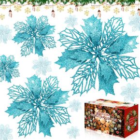 Poinsettia Christmas Decorations Flowers -12Pcs Artificial Poinsettia Christmas Tree Ornaments Glitter for Xmas New Year Wedding Party Wreath DIY Garland Decor (Rose Gold)