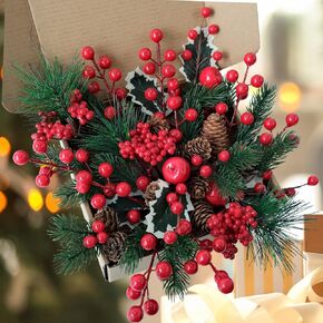 12Pcs Wedding Versatile Artificial Holly Red Berry Stems,Silk Artificial Pine Cone Picks Christmas Stems, Mini Artificial Pine Tree for Christmas Party Flower Wreaths Winter Holiday Decorations