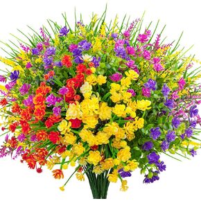 Ouddy Decor 16 Bundles Artificial Flowers for Outdoors Fake Plastic Plants Faux Shrubs Greenery Wheat Grass UV Resistant for Spring Summer Garden Patio Window Box Office Table Kitchen Home Decoration