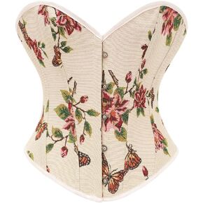 SHYMMUO Daisy Floral Print Overbust Corset Top Sexy Fashion Lace Up Boned Cotton Waist Shaper Camel