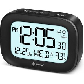 Geevon Atomic Alarm Clock for Heavy Sleepers – Mini Digital Clock with Snooze, 10s Backlight, Temperature, 12/24H, Battery-Powered Travel Clock for Bedroom – White
