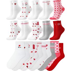 Shihanee 10 Pairs Valentines Day Heart Ankle Socks Cute Heart Socks Bulk 10 Styles Cotton Red White Heart Pattern Crew Socks Novelty Striped Plaid Socks Valentine's Day Gifts for Women