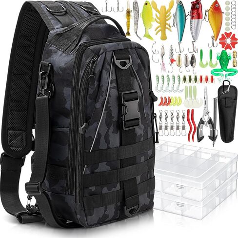 RoundFunny 85 Pcs Fishing Backpack with Tackle Boxes, Tackle Sling Bag with Rod Holder, Fish Lures and Pliers, Fish Tools Gears & Equipment Father's Day Fishing Gift for Dad Men in Kuwait
