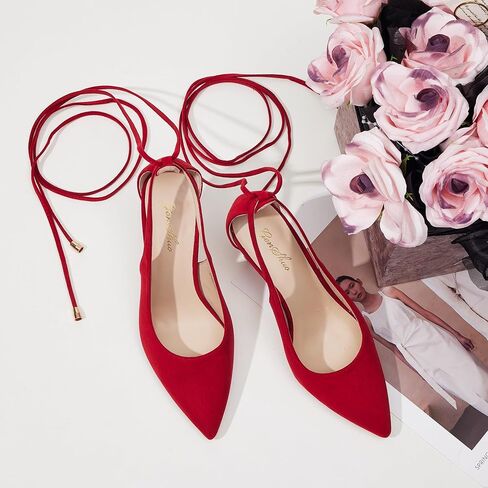 GENSHUO Lace Up Pumps for Women Strappy High Heels Sexy Pointed Closed Toe Shoes 3 Inch Stiletto Heels Suede Dress Party Wedding Shoes in Kuwait