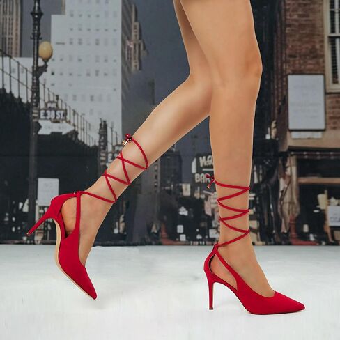 GENSHUO Lace Up Pumps for Women Strappy High Heels Sexy Pointed Closed Toe Shoes 3 Inch Stiletto Heels Suede Dress Party Wedding Shoes in Kuwait