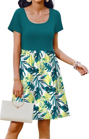 Zeagoo Womens Casual Dress Floral Patchwork Summer Dress Square Neck Short Sleeve A Line Flowy Swing Mini Dress with Pockets in Saudi Arabia