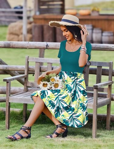 Zeagoo Womens Casual Dress Floral Patchwork Summer Dress Square Neck Short Sleeve A Line Flowy Swing Mini Dress with Pockets in Saudi Arabia