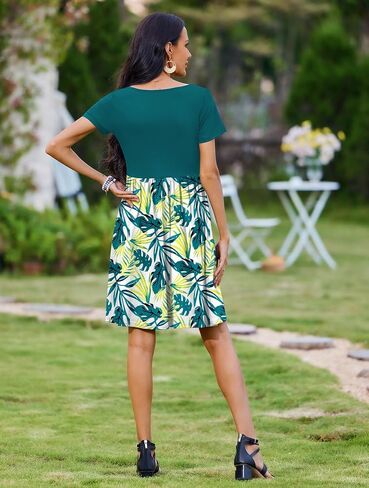 Zeagoo Womens Casual Dress Floral Patchwork Summer Dress Square Neck Short Sleeve A Line Flowy Swing Mini Dress with Pockets in Saudi Arabia