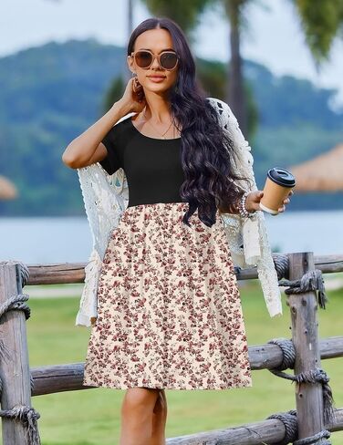 Zeagoo Womens Casual Dress Floral Patchwork Summer Dress Square Neck Short Sleeve A Line Flowy Swing Mini Dress with Pockets in Saudi Arabia